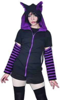 Emo Hooded Winter Hoodie, Emo Cotton Hoodie For Winter, Winter Emo Cotton Hoodie, Casual Purple Hoodie For Halloween, Emo Hoodie For Cosplay In Fall, Cosplay Hooded Sweatshirt With Drawstring, Emo Hooded Cotton Top, Emo Style Tops For Cosplay In Winter, Hooded Emo Cotton Top