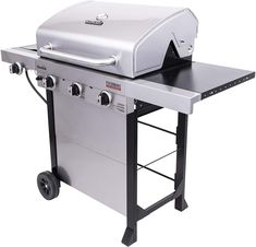 an outdoor grill with wheels on the side