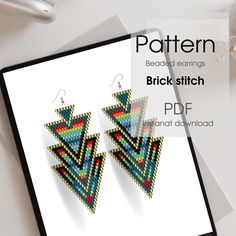 a pair of earrings is shown on top of a card with the text, pattern beaded earrings brick stitch