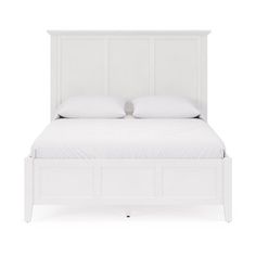 a white bed with two pillows on top of the headboard and foot board, against a white background