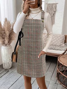 Women Casual Daily Wear Pinafore Dress With Dual Pockets For Autumn Multicolor Casual  Sleeveless Woven Fabric Plaid Pinafore Non-Stretch  Women Clothing, size features are:Bust: ,Length: ,Sleeve Length: Pinafore Dress, Vestido Casual, Mini Dresses, Maternity Bag, Yoga Leggings, Women Clothes Sale, All Fashion, Women Clothing, Tartan