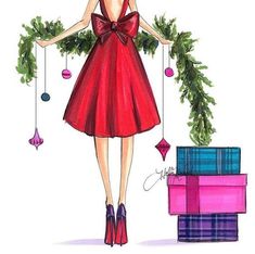 a watercolor drawing of a woman in a red dress with christmas decorations and presents