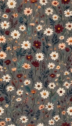 a gray background with white, red and yellow flowers on the bottom right corner is an image of daisies