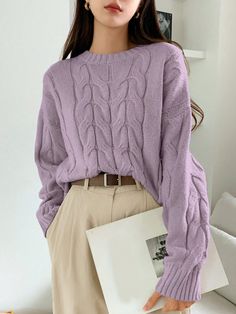 Women's Crewneck Comfortable Cable Knit Pullover Sweater Mauve Purple Casual  Long Sleeve Fabric Plain Pullovers Slight Stretch Spring/Fall Women Clothing, size features are:Bust: ,Length: ,Sleeve Length: Pullover Mode, Camisole Dress, Drop Shoulder Sweaters, Loungewear Set, Floral Pants, 가을 패션, Cable Knit Sweater, Sweater Fashion, Knitwear Women