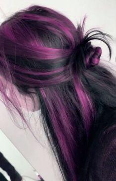 Plum Hair Streaks, Dark Purple Hair Streaks, Monster High Hair Inspiration, Purple Streaks In Black Hair, Black Hair With Purple Streaks, Purple Skunk Hair, Cool Hair Color Ideas, Purple And Black Hair, Purple Hair Streaks