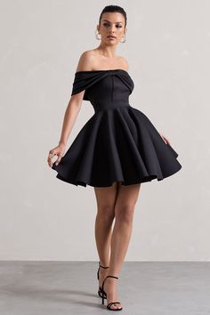 Skater Mini Dress, Bardot Neckline, Black Dress Prom, Black Tie Gala, Strappy Stilettos, Party Dress Long Sleeve, Christmas Party Dress, Mini Skater Dress, Bridesmaid Outfit