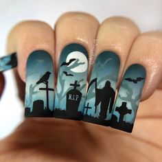 Hi guys! I have my first Halloween mani of the year to share! I went with a classic design - the spooky graveyard scene mani. You can’t go… Halloween Nail Design, Spooky Graveyard, Graveyard Scene, Black Halloween Nails, My First Halloween, Art Deco Nails