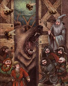 a painting of people and a bear in front of a door with bees on it