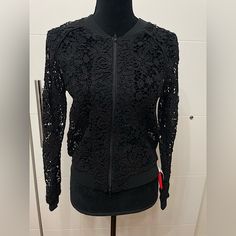 Tsi Lace Bomber New Black S Pit To Pit 17 Total Length 21 Inches Corton Black Lace Long Sleeve Outerwear, Black Lace Party Outerwear, Twin Set, Lace Crochet, Bomber Jackets, Black Jacket, New Black, Bomber Jacket, Jackets & Coats