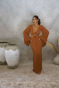 KEHLANI CUT-OUT DRESS - TERRACOTTA – Kadimah Linen Clothes For Women Classy, Punta Cana Outfits, Elegant Boho Dress, Bamboo Ring, Venus Fashion, Outfits For Mexico, Kehlani, Dope Fashion, Beachwear For Women