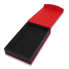 an open red and black box on a white background