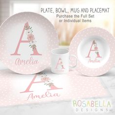 pink polka dot plates, mugs and placemats with personalized designs