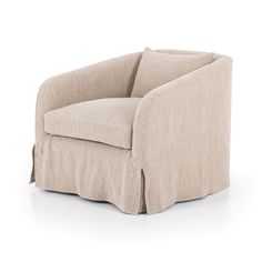 an upholstered chair with pleaed fabric on the arms and back, in beige