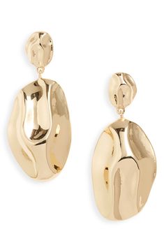 Molten lava inspires the fluid silhouette of these golden drop earrings. 2 1/4" drop, 1" width Post back Recycled metal Imported Liquid Jewelry, Molten Gold, Organic Earrings, Molten Lava, Mineral Jewelry, Golden Earrings, Jewelry Design Earrings, Design Earrings, Earrings In Gold