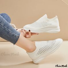 Olivia Mark - Stylish Flyknit Sneakers: Slip-Resistant, Breathable, and Easy to Wear Lightweight Casual Synthetic Sneakers, White Slip-on Sneakers For Light Exercise, White Slip-on Sneakers With Round Toe For Light Exercise, White Lightweight Comfortable Sneakers, Sporty Lightweight White Sneakers, White Lightweight Sporty Sneakers, Comfortable Lightweight White Sneakers, White Lightweight Casual Sneakers, Breathable White Slip-on Sneakers For Light Exercise