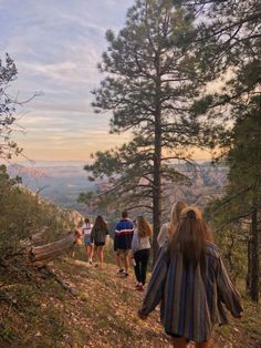 a group of people walking up a hill with trees on each side and mountains in the background