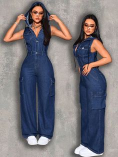 Azul Casual Collar sin mangas Mezclilla Liso Camisa Embellished No-Elástico Moda Denim, Play Suit, Jeans Outfit Women, Shein Icon, Denim Wear, Plain Shirt, Classy Casual Outfits, African Design Dresses, Summer Blue