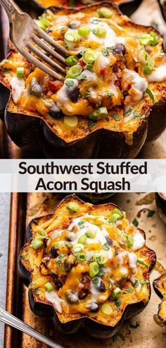 two pictures of stuffed acorn squash with cheese and green onions on top, one has a fork in it