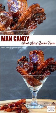 the recipe for man candy sweet spicy candied bacon is in a glass dish and ready to be eaten