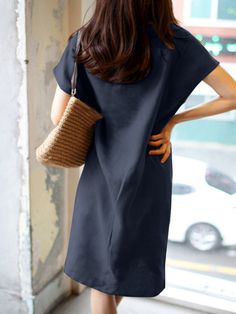 Solid Short Sleeve V-neck Vintage Dress for Women V-neck Solid Color Mini Dress For Daywear, Solid Color V-neck Mini Dress For Daywear, V-neck Mini Dress In Solid Color For Daywear, Casual Solid Color Mini V-neck Dress, Summer Solid Color V-neck Dress For Workwear, Solid Color V-neck Dress For Summer Workwear, Casual V-neck Dress With Split Neck, Casual Shift V-neck Mini Dress, Casual V-neck Shift Dress Mini Length