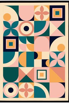 an art print with geometric shapes and colors on the bottom half of it, in black frame