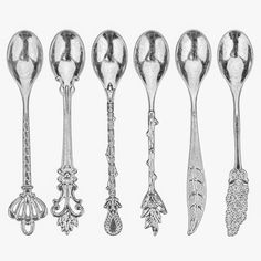 six spoons are lined up in the same row, each with an ornate design