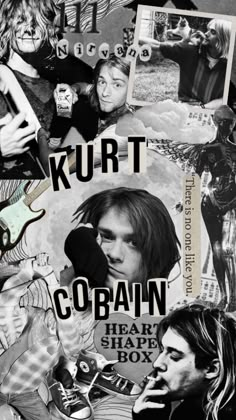 black and white collage with images of people on cell phones, text reads kurt cobain hear shape box