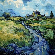 an impressionist painting of a river running through a field with houses in the background