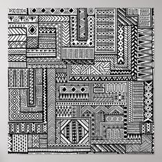 a black and white drawing on a wall with an abstract design in the middle,