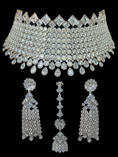 This beautiful diamond choker comes as a full bridal set but can be worn separately for a simple look and is a statement piece for any event. The stones are gorgeous and made of high quality hand work and tikka and jhumka are included with the choker. Perfect for the holidays! Wedding Diamond Choker Necklace, Formal Bridal Necklace With Tilla And Diamonds, Formal Bridal Necklace With Diamond And Tilla, Formal Bridal Diamond Necklace With Tilla, Diamond Choker Bridal Necklace For Wedding, Bollywood Diamond Jewelry Sets For Reception, Bollywood Diamond Wedding Jewelry Sets, Bollywood Style Diamond Wedding Jewelry Sets, Wedding Choker Jewelry With Diamond Accents