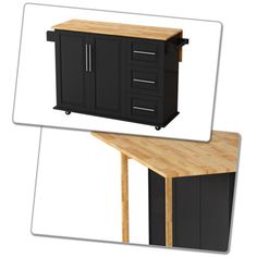 an image of a kitchen island with drawers and cabinets on the top, and below