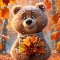 a brown teddy bear standing in front of fall leaves