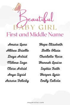 the beautiful baby girl first and middle name list is shown in pink, white, and blue