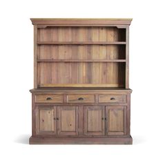 an old wooden bookcase with drawers and cupboards on the bottom, isolated against a white background