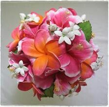 a bouquet of pink and white flowers with green leaves on it's end, in front of a white background