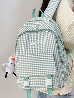 Bird in Bag - College-Style Block-Colored Backpack with Patched Decoration and Multi-Functional Pockets (with Accessories) Green Casual Bag For Students, Trendy Green Student Backpack, Green Casual Bags For Back To School, Casual Green Bag For Students, Casual Green Bags For Back To School, Green Preppy School Bag, Trendy Green Backpack For Back To School, Trendy Green School Backpack, Green School Bag With Pockets