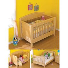 four pictures of a baby crib with toys in it