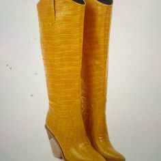 Beautiful Knee High Boots Yellow With Embroidery Design Western Style Yellow Boots For Spring, Yellow Round Toe Heeled Boots For Fall, Casual Yellow Boots With Pointed Toe, Casual Yellow Pointed Toe Boots, Yellow Pointed Toe Boots For Summer, Cowgirl Tuff, Belt Design, 4 Inch Heels, Cowgirl Boots