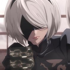 an anime character with white hair and black eyes