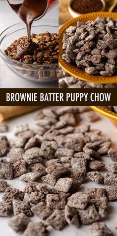 brownie batter puppy chow is being drizzled with chocolate