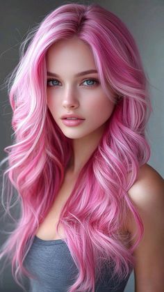 a woman with pink hair and blue eyes