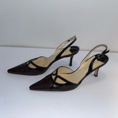 Italian Luxury Brand Lumiani Chocolate Brown Slingback Heels Made In Italy All Leather Intricate Detailing On Instep 3" High Stiletto Heels Never Worn, Perfect Condition Elegant Closed Toe Slingback Pumps With 4-inch Heel, Elegant Slingback Pumps With 4-inch Heel For Formal Occasions, Formal Heels With Straps And Open Heel, Formal Open Heel Strapped Heels, Formal Strappy Open Heel Heels, Classic Slingback Sandals With High Heel For Evening, Classic High Heel Slingback Sandals For Evening, Formal Leather Fitted Slingback Sandals, Classic Slingback Pumps With Ankle Strap For Formal Occasions