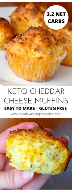 a person holding a muffin in their hand and the text keto cheddar cheese muffins easy to make i gluen free