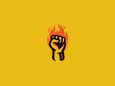 a fist with flames in the middle of it on a yellow background and black lettering that reads