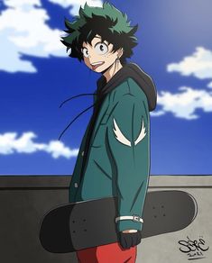 an anime character holding a skateboard in his hand