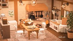 a kitchen with an oven, stove and table in the center is shown from above