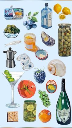 a painting of different types of food and drinks on a blue background, including lemons, olives, tomatoes, cucumbers, watermelon