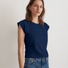 Madewell Side-Cinch Muscle Tee T-Shirt Color: Dark Nightfall Blue Size Xs Cotton Blend Length 20.5’ From Armpit To Armpit 16’ New With Tags Navy Short Sleeve Tops For Loungewear, Madewell Top, Phone Holster, Muscle Tee, Walker Boots, Pajama Shirt, Muscle Tees, Fit N Flare Dress, Rain And Snow Boots