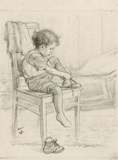 a drawing of a child sitting in a chair with a shoe on the floor next to it