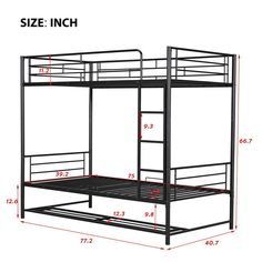 bunk bed frame size with measurements for the top and bottom level, shown in black